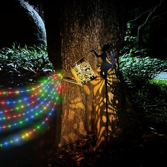 Solar Watering Can Light Metal Watering Can String Light Retro Hollowed-Out LED Solar Lantern for Outdoor Garden Patio Yard Pathway Decoration