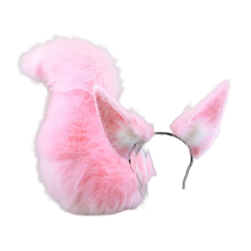 2pcs Foxes Costume Foxes Tail Foxes Ears Headband Faux Furs Tail for Halloween Christmas Cosplay розовый
