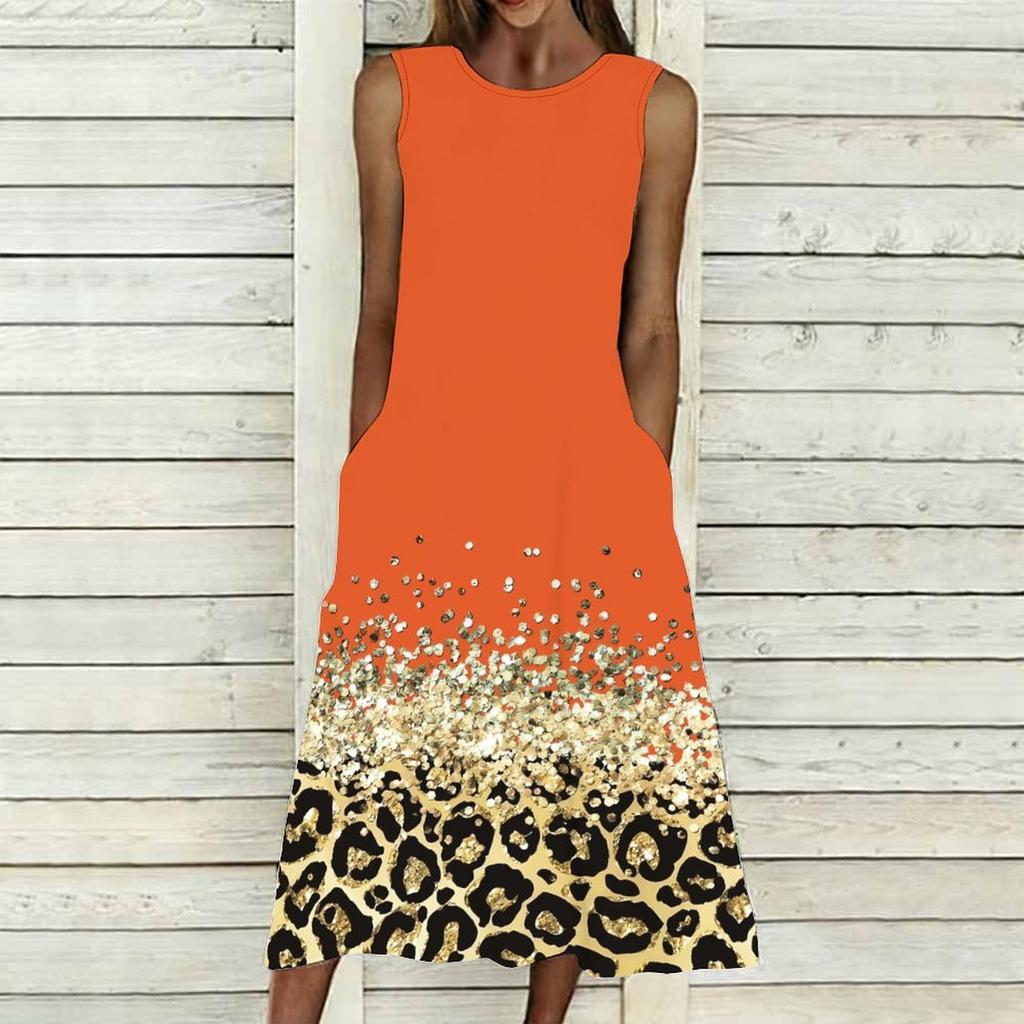 Women Plus Size Sleeveless Crew Neck Dress Bright Ditsy Botanical Flowy Mid Calf Dress