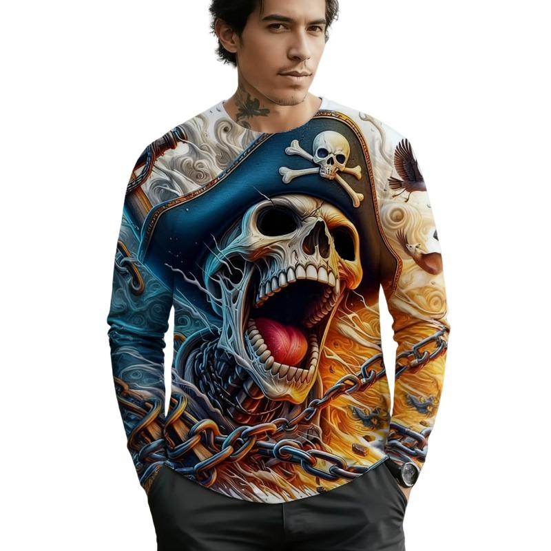 Męskie Koszulki z Graficznym Czaszką Długi Rękaw Szkielet 3D Print Street man t shirt jesień Dekolt Okrągły Casual Y2k Top oversize Męska odzież