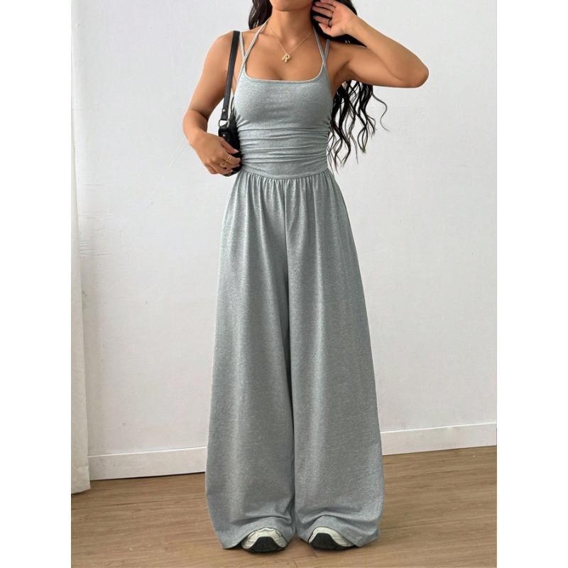 Solid Color Halter Sleeveless Ruched High Waist Wide Leg Casual Jumpsuit