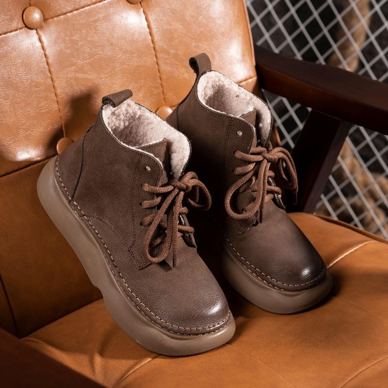 Retro kožené sametové kotníkové boty pro dámský podzim a zimu nové ručně vyráběné bavlněné a lněné větrné široká hlava šněrovací první vrstva hovězí kůže dámské boty