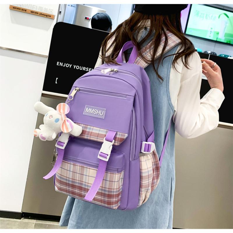 4pcs Elementary School Ultra Light Checkered BackpackWomen's Four Piece Oxford Wear-resistant SetHigh Capacity Backpacks for Middle School Students