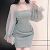 Elegant Sexy High Waist One Piece Dress Women Patchwork Mesh Lantern Long Sleeve Sexy Mini Dress Lady Vacation Slim Chic Party Ceremonial Dress 2024