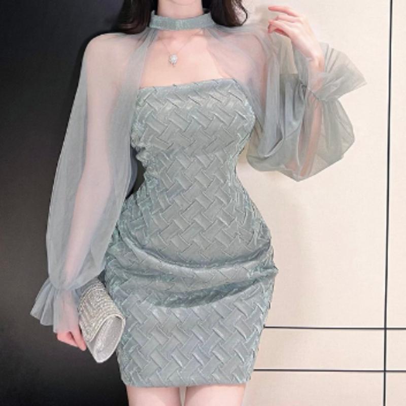 Elegant Sexy High Waist One Piece Dress Women Patchwork Mesh Lantern Long Sleeve Sexy Mini Dress Lady Vacation Slim Chic Party Ceremonial Dress 2024