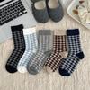 Korean Style Blue & White Plaid Mid-Calf Socks for Women - Academy Style, Perfect for Spring & Autumn, Ideal with Small Leather Shoes