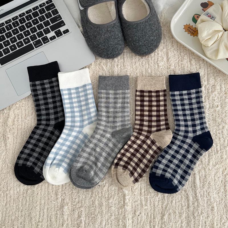 Korean Style Blue & White Plaid Mid-Calf Socks for Women - Academy Style, Perfect for Spring & Autumn, Ideal with Small Leather Shoes