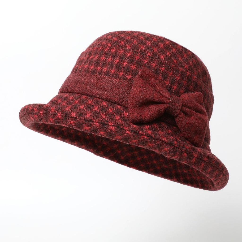 Middle aged and Elderly Women's Autumn and Winter Fashion Plaid Retro Woolen Fisherman Hat Mother's Knitted Warm Cotton Hat