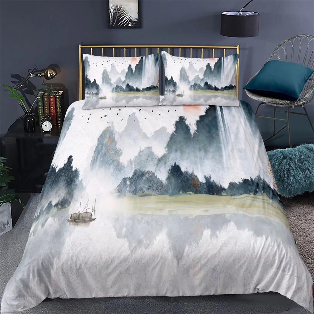 Nature Landscape Duvet Cover King/Queen Size,Chinese Ink Painting Style Bedding Set Mountain River 2/3pcs Polyester Quilt Cover