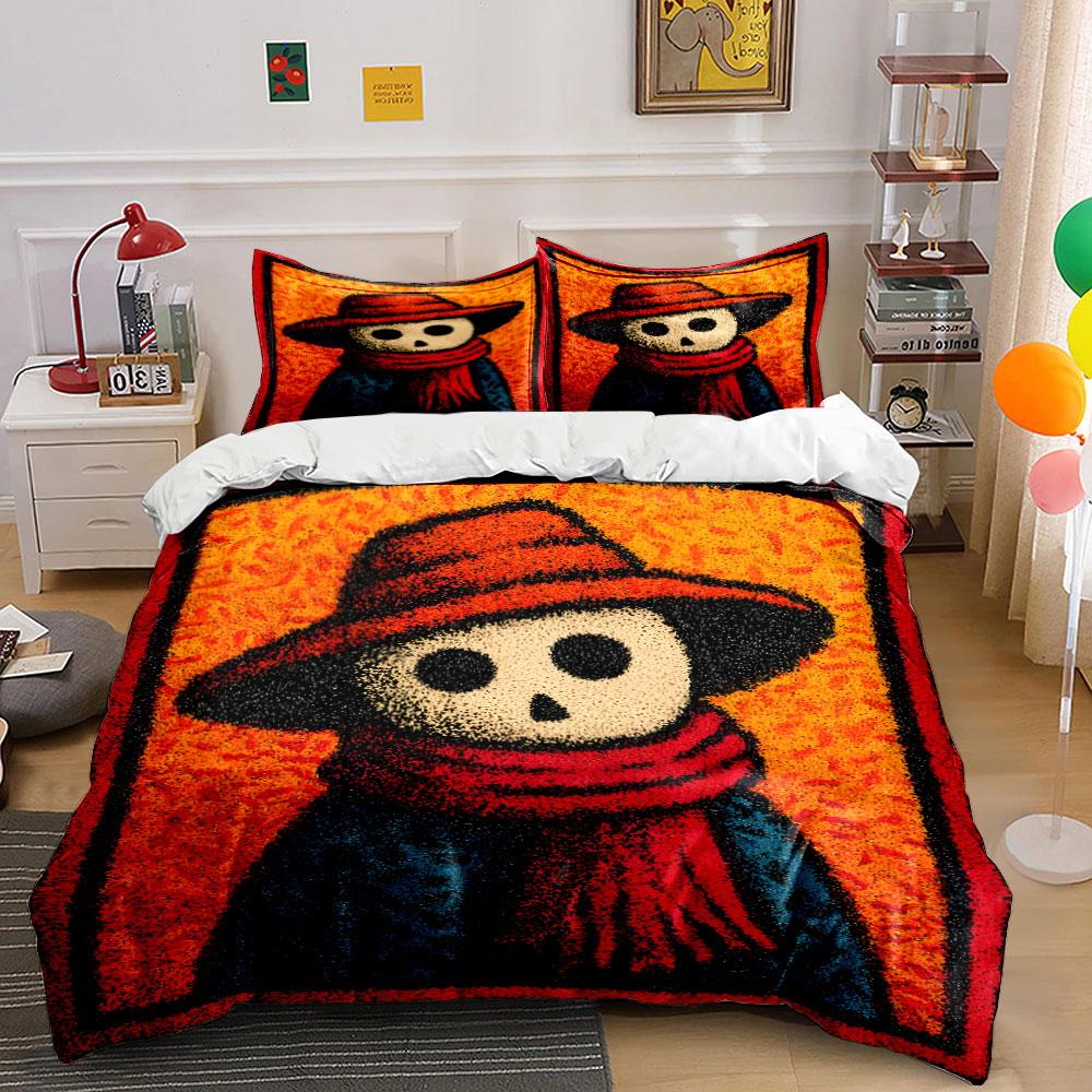 Skeleton in Red Hat and Scarf Bedding Duvet Cover Set (1*Duvet Cover 2*Pillowcases, without duvet insert)