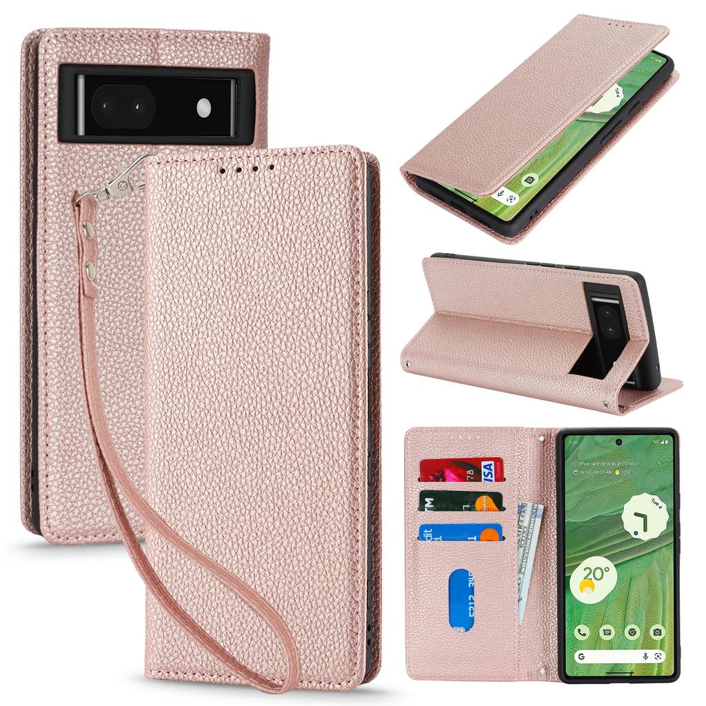 For Google Pixel 7 5G Case Stand Wallet Litchi Texture Leather Flip Phone Cover with Strap