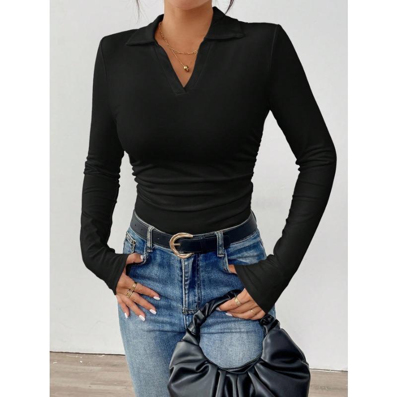 Black V Neck Long Sleeve Fitted Women S Basic Shirt For Autumn Winter