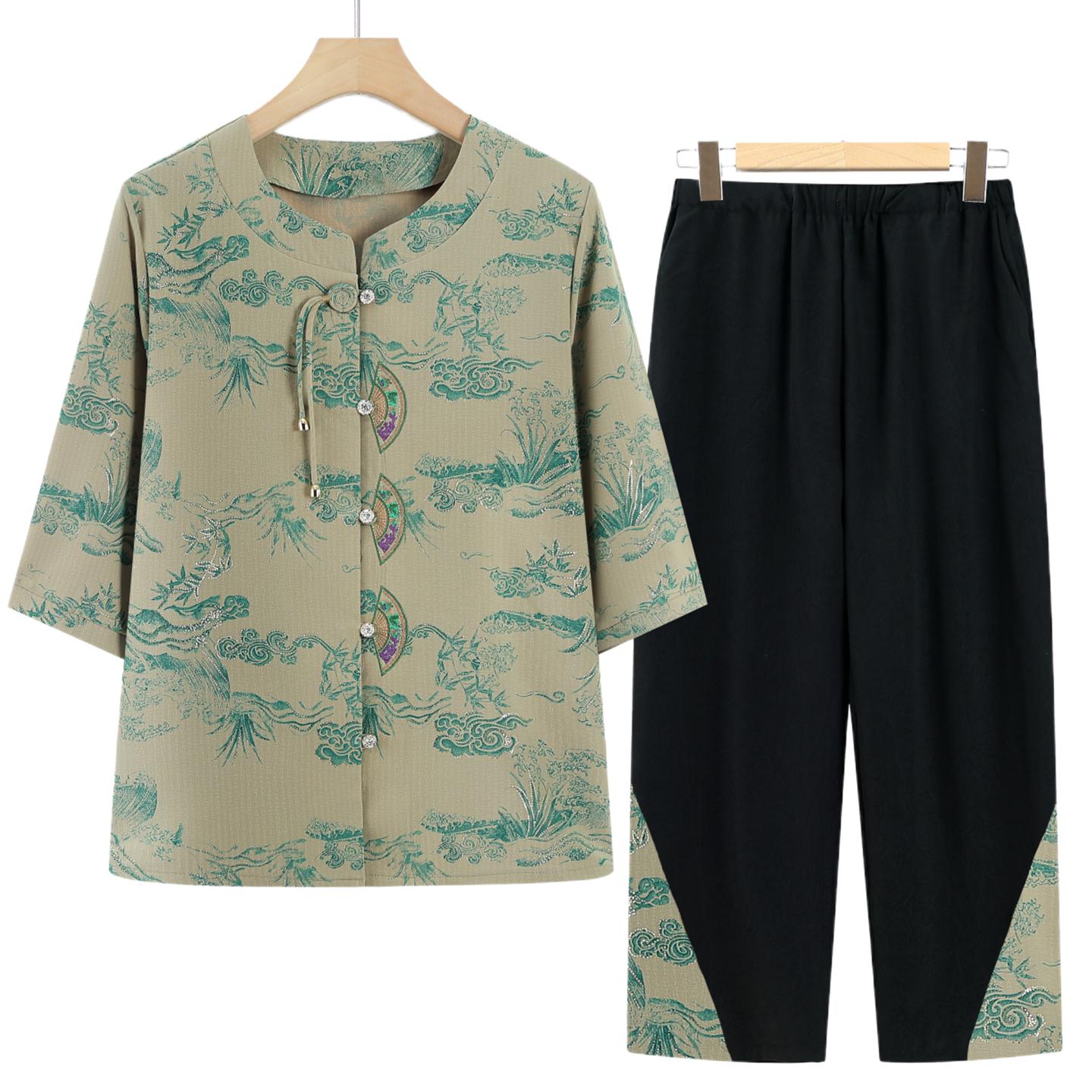 

Mom s New Chinese Summer Two-Piece Set: National Style Short-Sleeved Shirt for Middle-Aged & Elderly Women XL (recommended 40-50 kg)