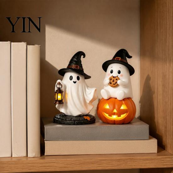 Miniature Ghost Statue Lighted Halloween Figurine, Spooky Resin Witch on Pumpkin/Holding Lantern LED Night Light Figurine with for Desktop Bookshelf