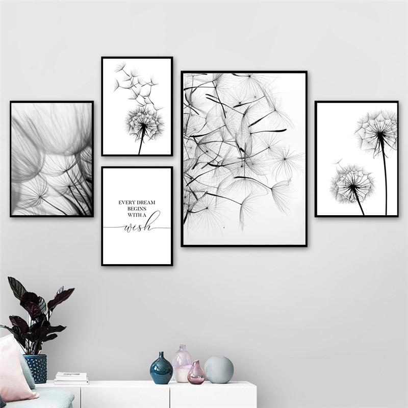 Modern Black and White Dandelion with Quotes, Wall Art, Canvas, Painting, Poster, Printing, Interior Design, Living Room Decoration