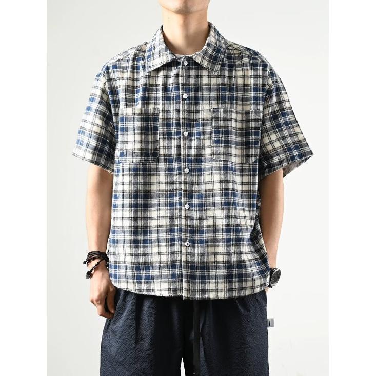 Checkered Shirt Men'S Summer Japanese Retro Loose Casual Five Quarter Sleeved Shirt American High Street Trendy Brand Jacket