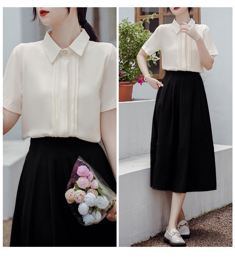 2026 Koreanischer Stil Plissiertes Satin-Chiffon-Hemd - Kurzärmelig, Vielseitige Damenmode
