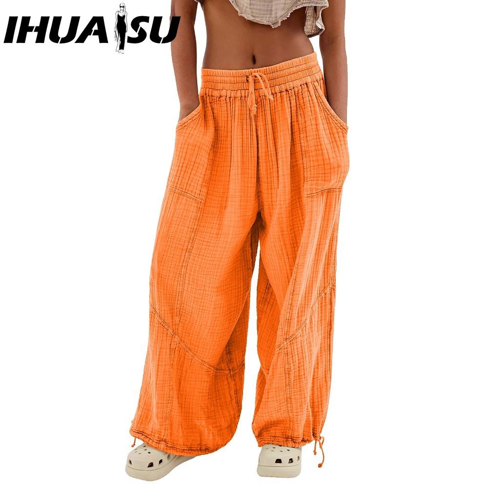 IHUASU Pantaloni Femei 8 Culori Talie Înaltă Elastică Pantaloni Largi cu Picior Larg Pantaloni Largi Adânci Vest Buzunare la Glezne Plisate Culoare Solidă Pantaloni Casual Moi pentru Doamne