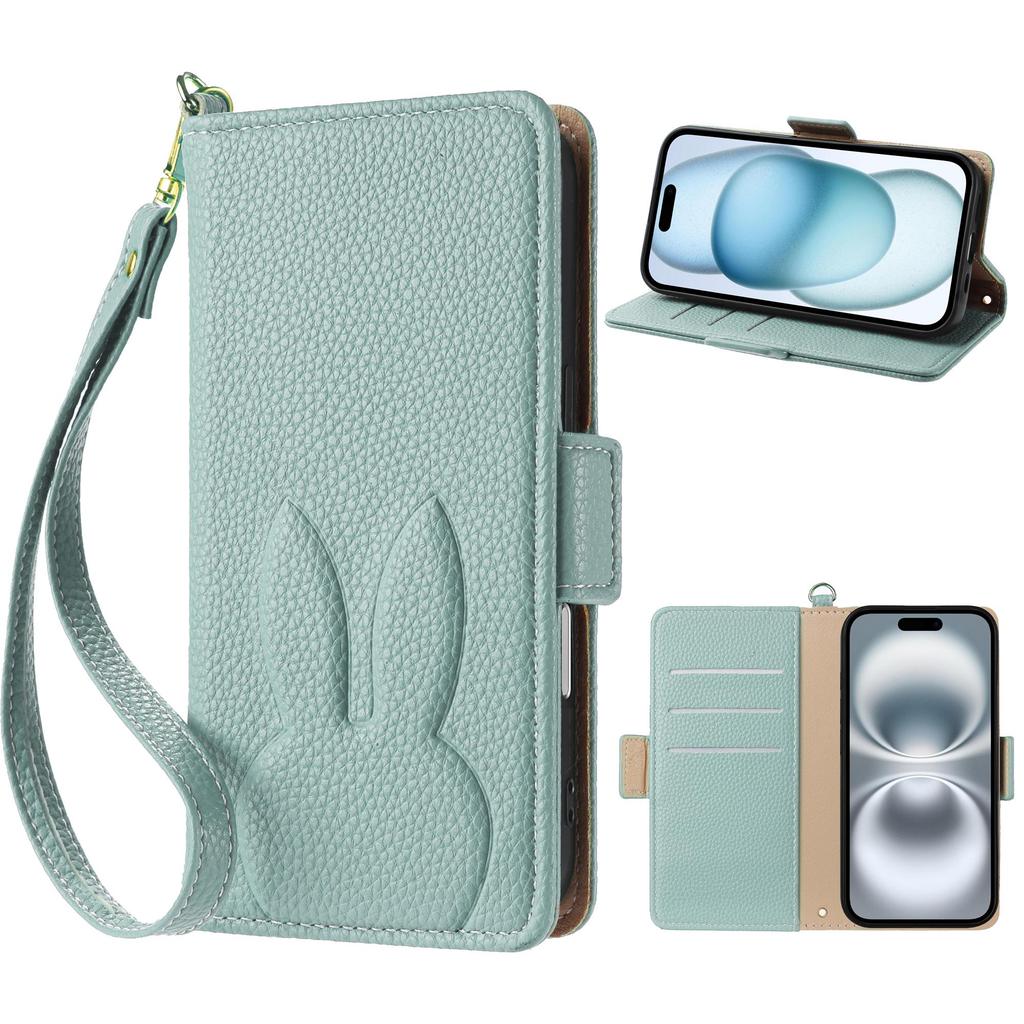 Carina custodia a portafoglio in pelle con coniglio e fiore 3D, supporto per telefono, per iPhone 17 Air 16 15 PM 14 13 12 11 Pro Max XR XS SE 16e 6 7 8 Plus, slot per schede, cover a libro