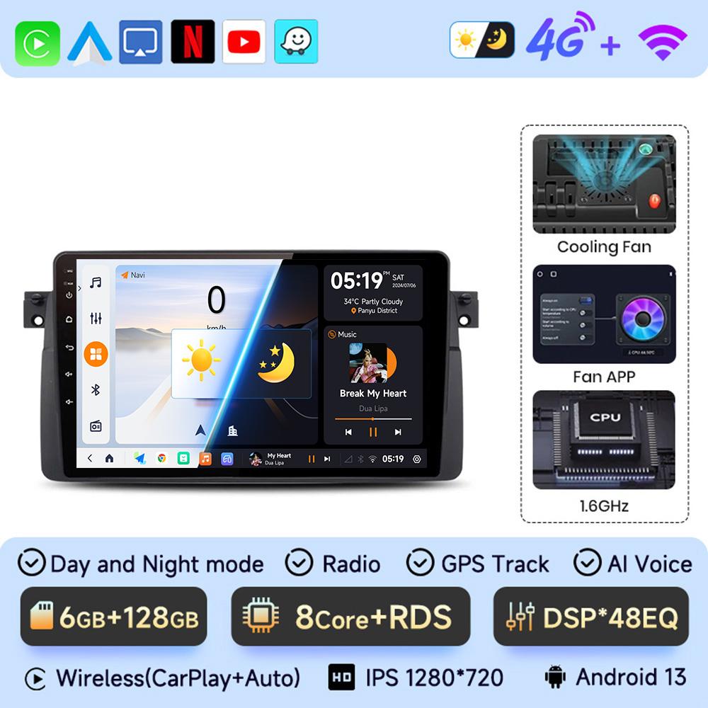 JIUYIN Android 13 For BMW E46 M3 318/320/325/330/335 1998-2006 Car Radio Multimedia Video Player Carplay Auto GPS Navigation