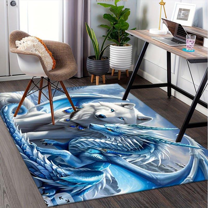 """Loup des neiges et Dragon de glace Impression d'art fantastique Tapis de bureau Parfait pour la décoration intérieure Tapis de bureau pour chaise de bureau Tapis de chaise pour bureau Polyester Chaise"""