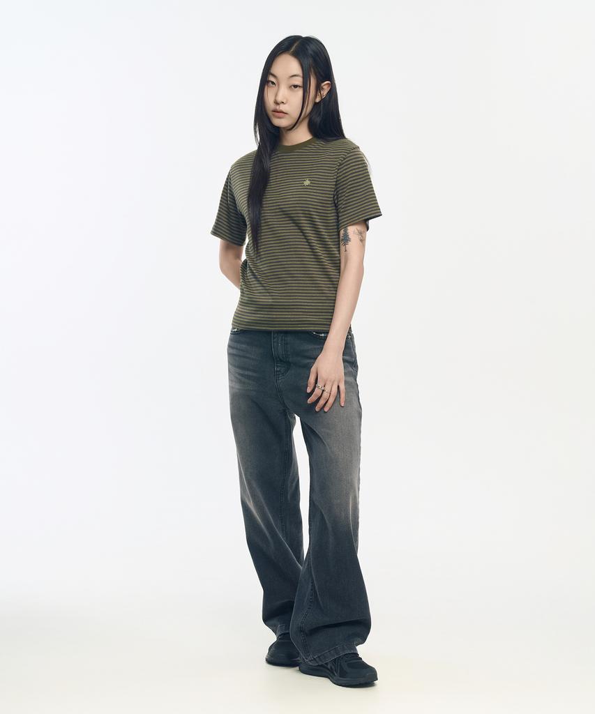 SLOW RECORD HOUSE Striped Short Sleeve T-Shirt_Khaki
