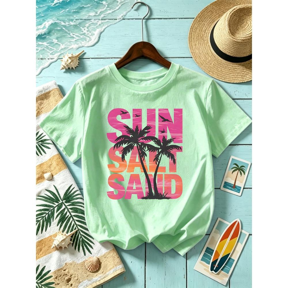 Sun Salt Sand Coconut Tree Prints T-Shirts Womens Summer Short Sleeve T Shirt O-Neck Oversized Tops Basic Soft Clothes