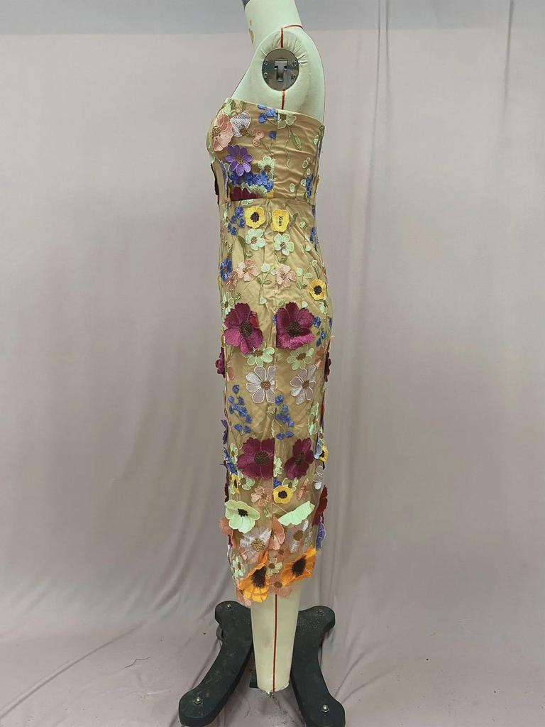 2025 Europäisches und amerikanisches sexy ärmelloses Midikleid mit bunter 3D-Blumenstickerei
