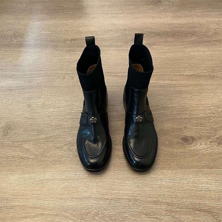 

Leather retro camellia elastic socks boots skinny boots short boots women s autumn and winter new thick heel Martin boots 40