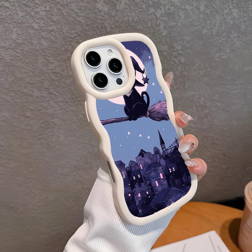 Luna Moon Cat Mobile Phone Case for iPhone 17 16 15 14 13 12 11 Air Pro Max Plus Wavy Edge TPU Colorful Cover Pretty Smartphone