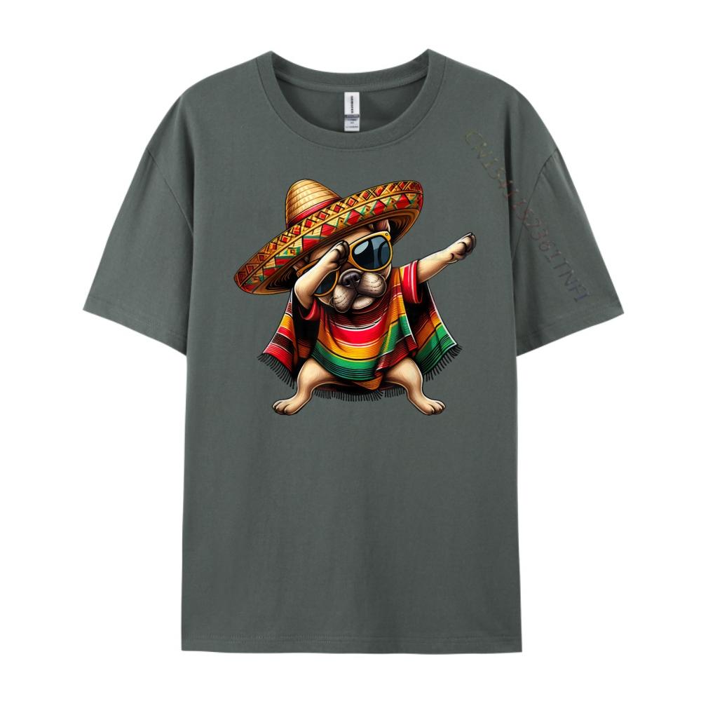 Dabbing Frenchie Dog Sombrero Mexican Poncho Cinco De Mayo Graphic T Shirts Men Cotton Camisetas  Breathable
