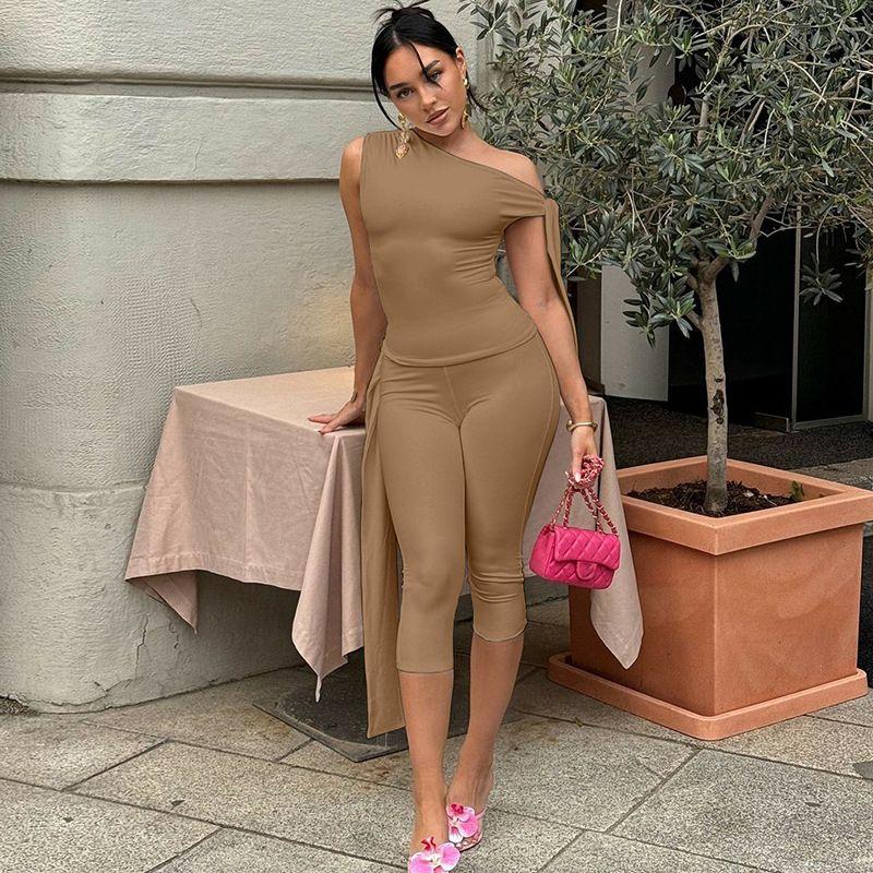 Slant Collar Top Slim Fit Pants Set Diagonal Collar Sexy Top Slim-Fit Pants Suit