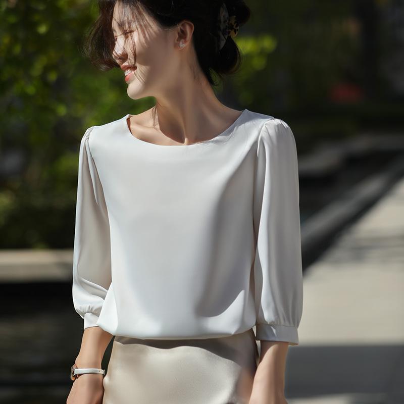 Tricou cu gât rotund din satin cu mâneci medii, de vară, cu mâneci cinci sferturi, cămașă la modă, retro franțuzesc, cu mâneci lampion, cămașă de bază