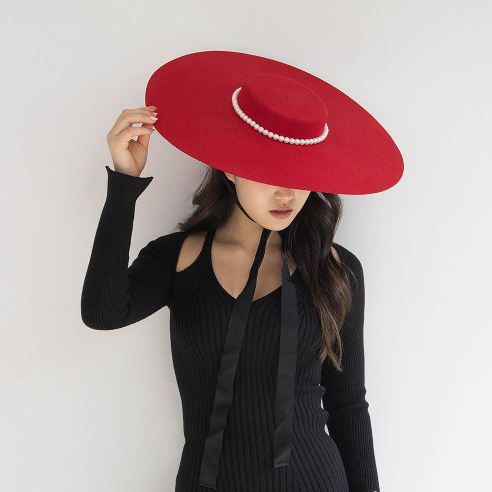 Autumn and Winter New Fashion Retro British Pearl Decoration Big Eaves Flat Top Wool Top Hat Dance Show Concave Hat