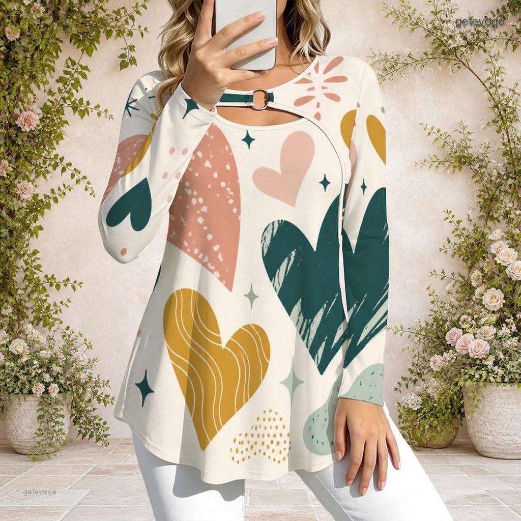 Women Plus Size Long Sleeve Loose Top Metal Ring Neck Detail For Casual Daily Wear