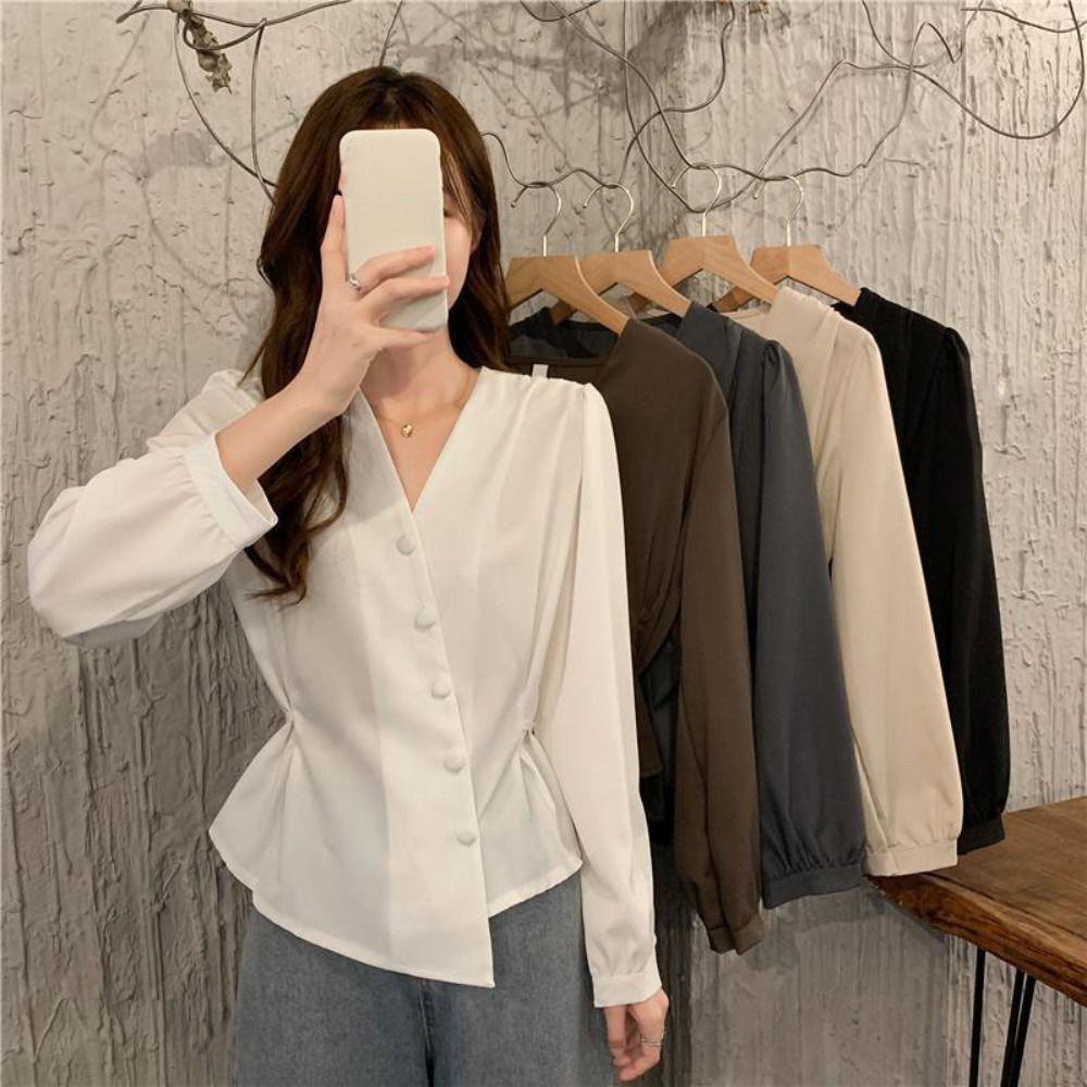 Slim Fit Long Sleeve Shirts V-neck Office Ladies Tops Fashion Button Up Blouse  Office