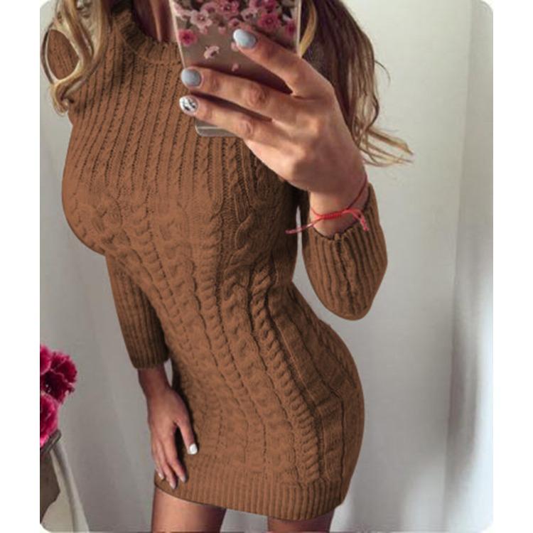 

Fashionable Knitted Sweater, Round-neck Long-sleeved Dress XL темно-коричневого кольору