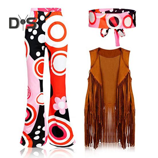 Kobiety kostium hipisowski stroje Retro rozkloszowane spodnie kamizelka z frędzlami zestaw opasek na Halloween Cosplay taniec w klubie nocnym