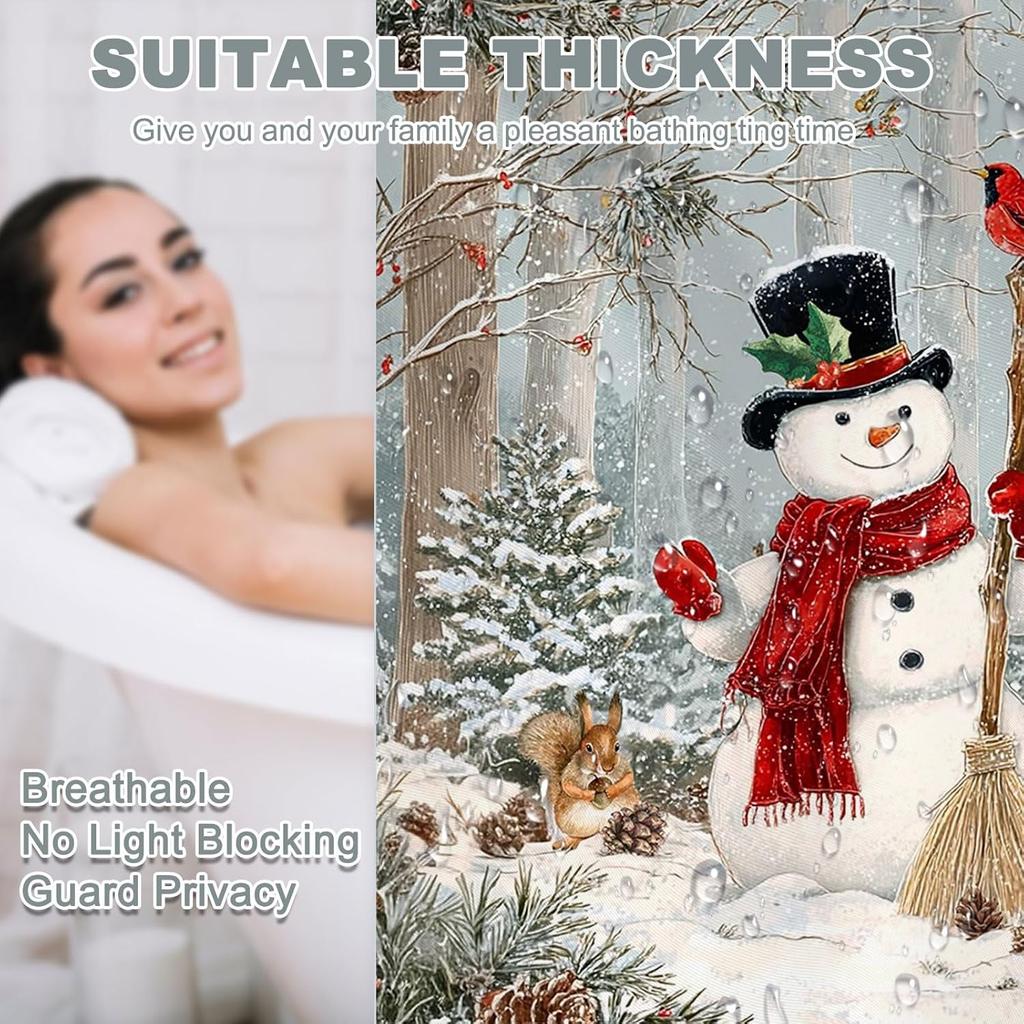 Christmas Snowman Shower Curtain Winter Snow Scene Red Bird Shower Curtain For Christmas Holiday Bathroom Decor Waterprooffabric