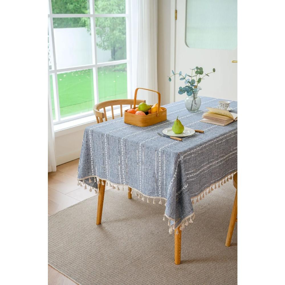 Cotton Linen Tablecloth With Tassels Waterproof Oilproof Tea Striped Table Cloth Thick Rectangular Wedding Dining Table Cover