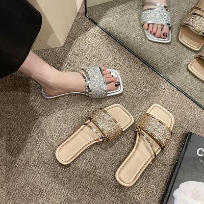 2024 Sommer Französische Pailletten-Slipper mit flachem Boden Feenstil mit Rock Ein-Wort-Riemen Große Größe Sandalen mit flachem Boden Pantoletten Damen draußen
