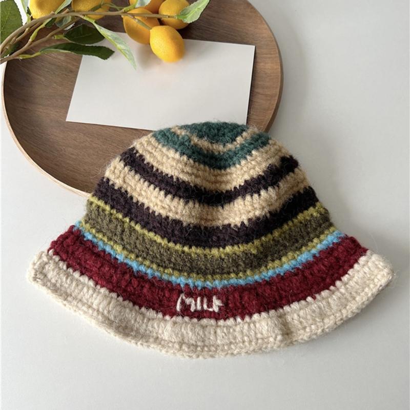 Popular Crochet Stripe Hat Knitting Fisherman Hat Handmade Knit Skull Hat Ins Style Beanies Hat Girls Casual Bucket Hat