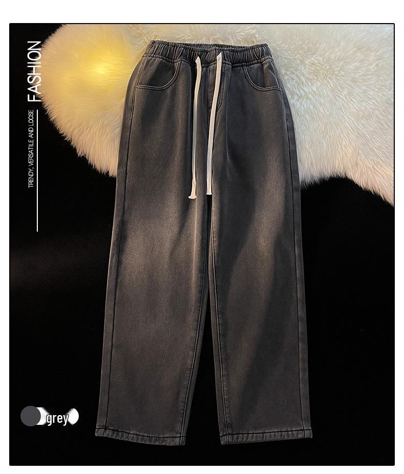 Women's Fleece-lined Straight-Leg Jeans, Petite Wide-Leg, Elastic Waist, Cotton, 2025 New Winter Style, Ideal for Autumn and Winter