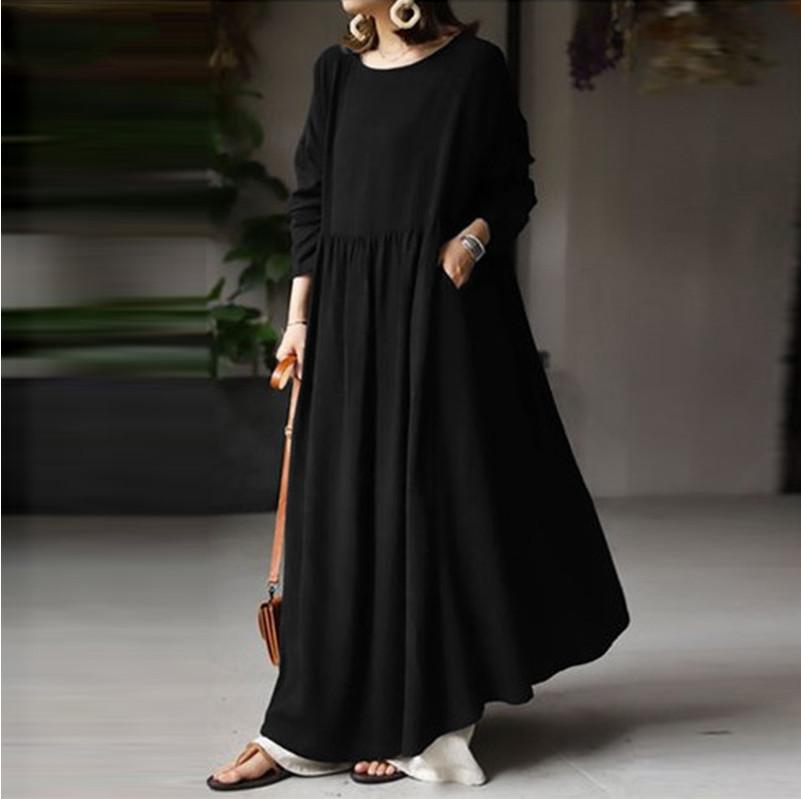 Spring Autumn Women's Vintage Solid Long Dress Women's Sundress  Casual Long Sleeve Pleated Vestidos Retro Long Loose Dress