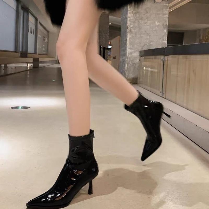 Autumn and Winter New Patent Leather Short Boots Women's Sexy Pointed Thin High Heels Thin Boots Commuting Temperament Small Ankle Boots