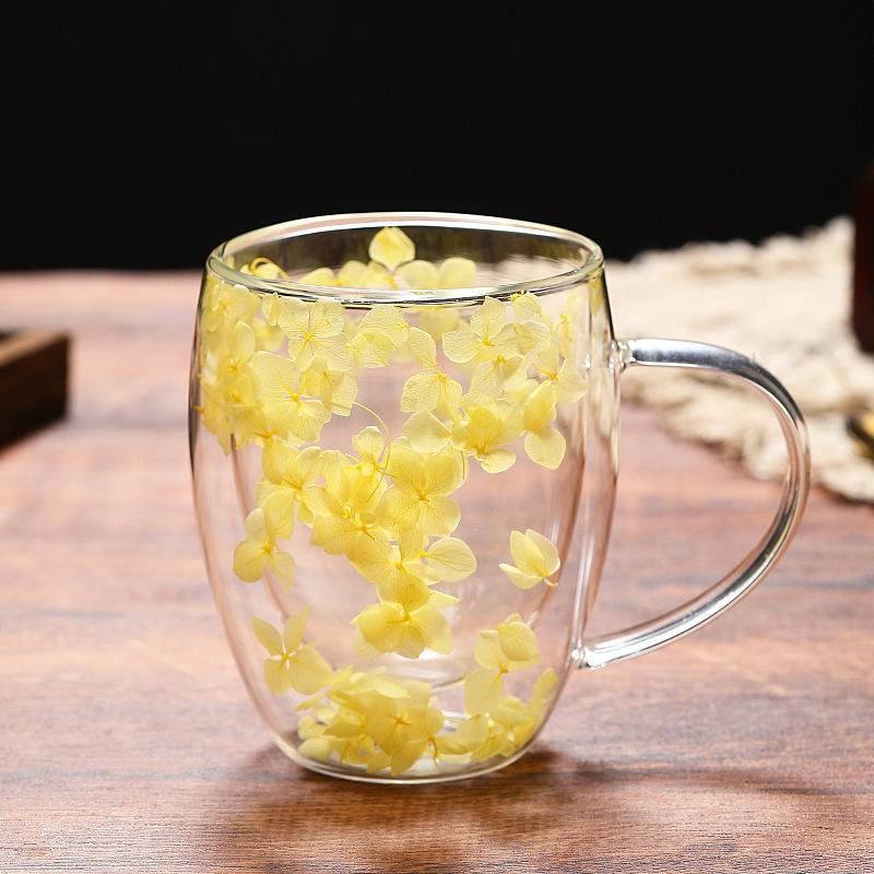 Dried Flower High Borosilicate Double Wall Glass Mug Heat Resistant Coffee Cup