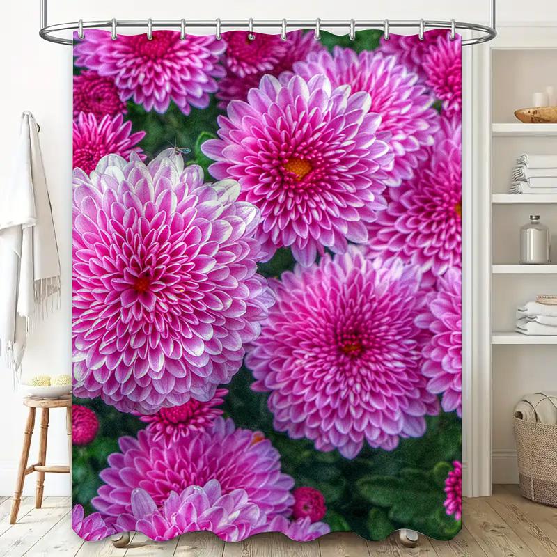 Beautiful Pink Chrysanthemum Shower Curtain for Bathroom Decor Floral Print Home Decoration 3D Waterproof Bath Mat Set