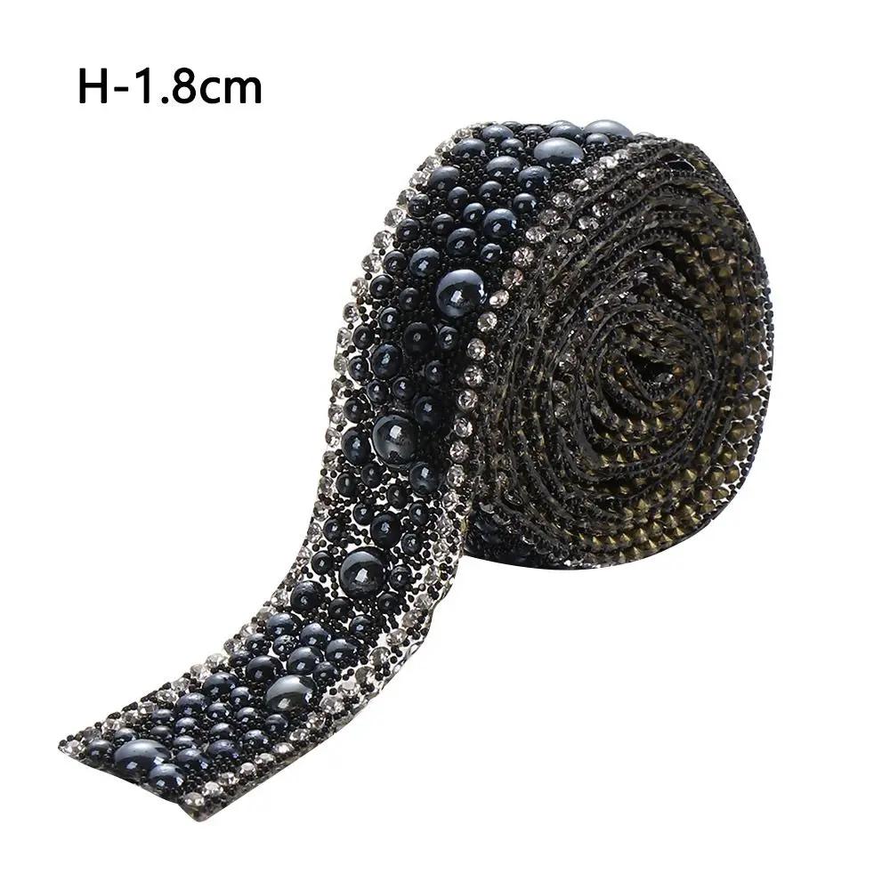 1Yard ABS Round Pearl Rhinestone Trim Hot Fix Crystal Banding Applique Trimming Iron-on Wedding Dress Clothing Fabric Accessory