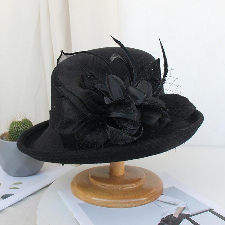 Autumn And Winter Curled Feather Flower Woolen Top Hat Women'S British Retro Casual Bucket Hat Mesh Basin Hat Tide