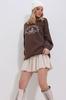 Women's Sweatshirt New Season Fashion Navy Blue Crew Neck 3 Thread Embroidered Oversize Sweatshirt